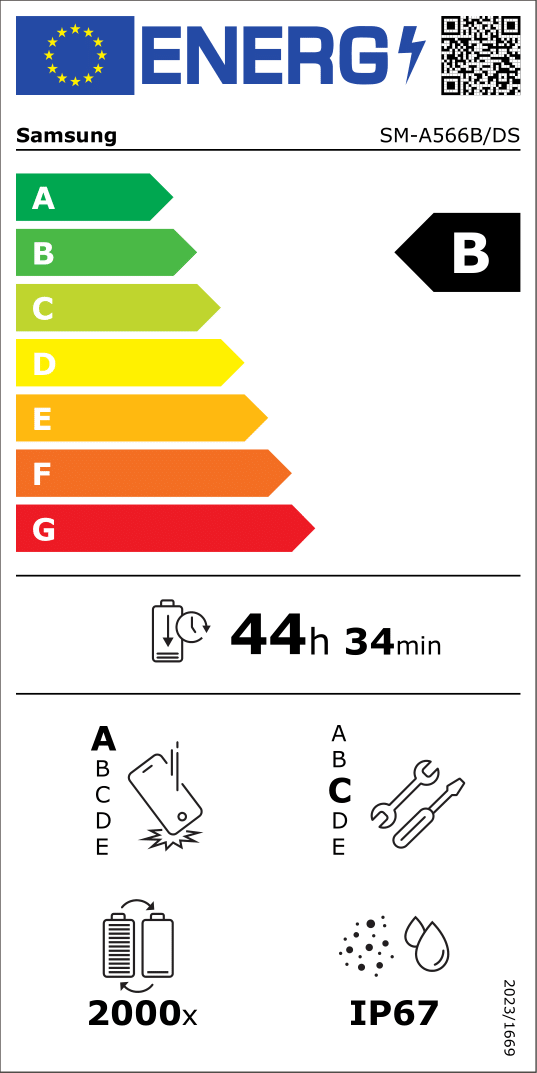 Energy Efficiency Class B; Battery Endurance per Cycle 44h34min; Repeated Fall Reliability A;  Repairability Class C; Battery Endurance (in cycles) 2000; Ingress Protection Rating IP67
